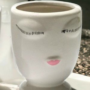 Celfie Countertop Plant Vase White Ceramic Handmade Whimsical Face Floral Pot